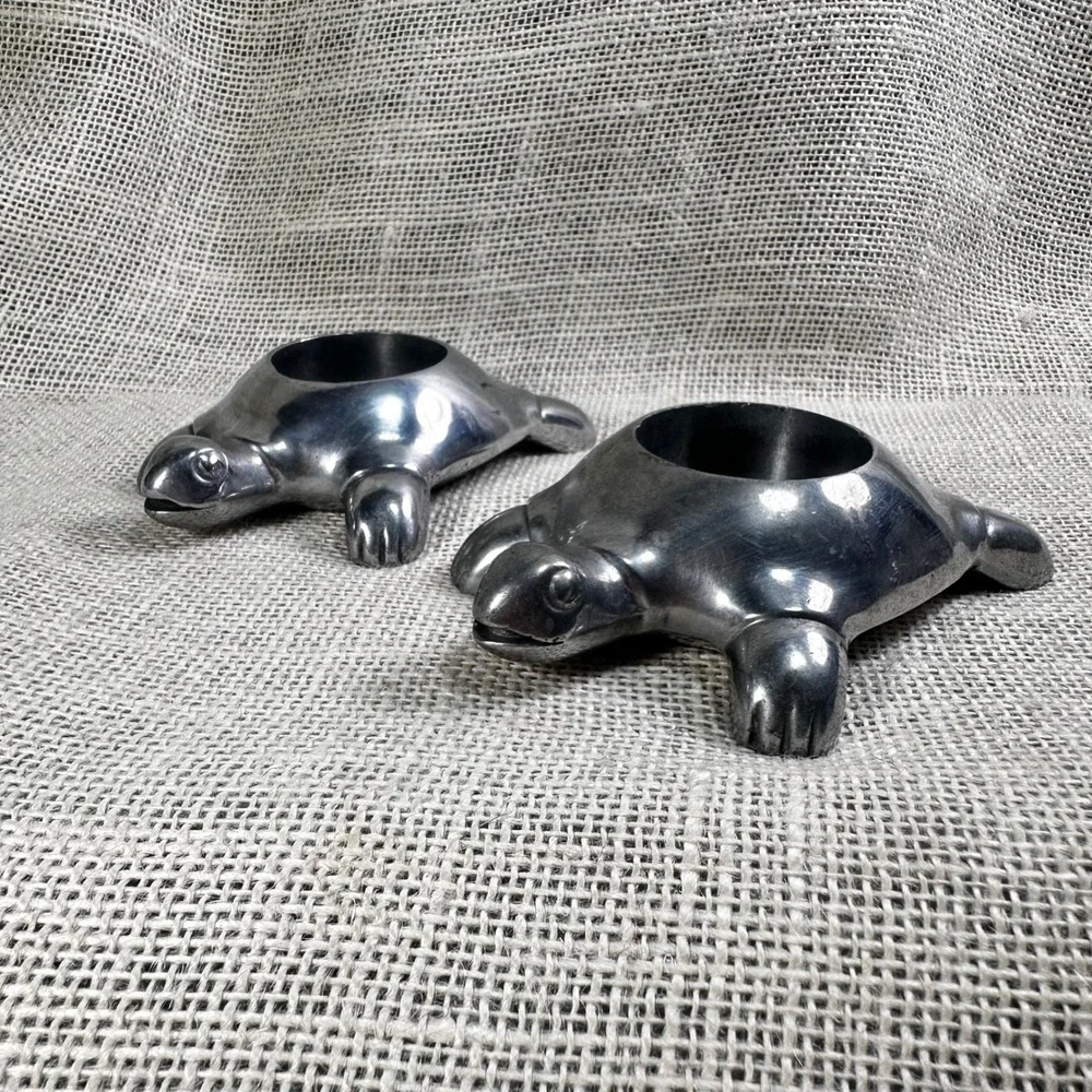 Restoration Hardware Turtle Tealight Candle Holders Metal Pair Pewter Finish